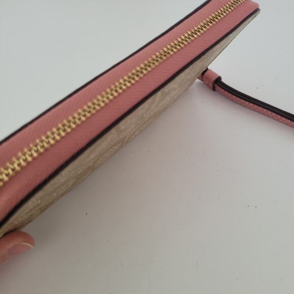 COACH Signature Phone Zippered Wallet With Strap 6 1/4 x 3 1/2 Pink Tan Medium - Picture 3 of 8